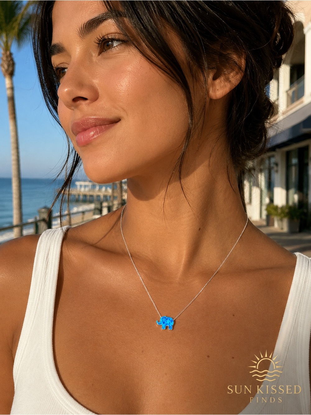 Blue Elephant Necklace • 18K White Gold Filled • Dainty Opal Style Pendant